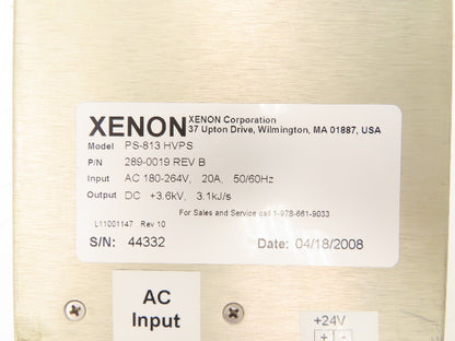 Xenon 289-0019 PS-813 HVPS Power Supply 3.6kVDC 3.1kJ/s Out 240VAC 1Ph 20A In