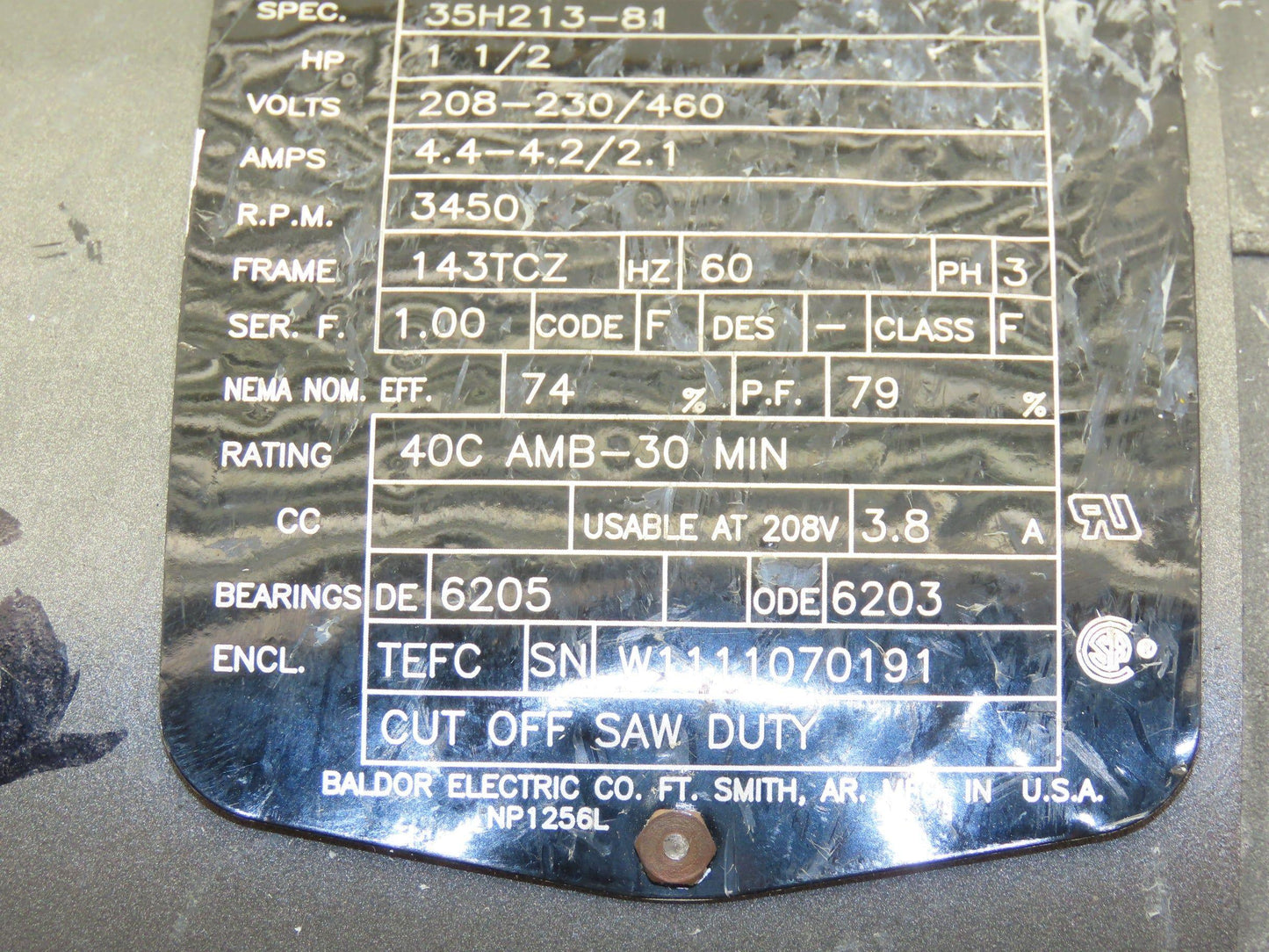 Baldor AC Motor 1.5Hp 3450rpm 208-230/460v 3ph 143TCZ TEFC Cutoff Saw Duty