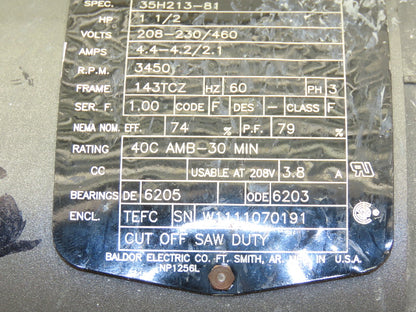 Baldor AC Motor 1.5Hp 3450rpm 208-230/460v 3ph 143TCZ TEFC Cutoff Saw Duty