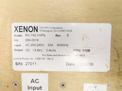 Xenon 289-0019 RC-742 HVPS Power Supply 3.8kVDC 3.4kJ/s Out 240VAC 1Ph 23A In