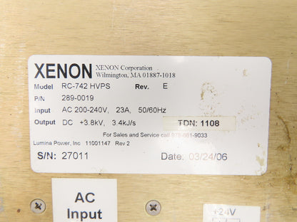 Xenon 289-0019 RC-742 HVPS Power Supply 3.8kVDC 3.4kJ/s Out 240VAC 1Ph 23A In