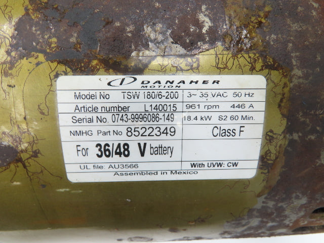 Danaher Controls TSW 180/6-200 Forklift Motor 18.4kW 961rpm 36-48VDC Yale/Hyster