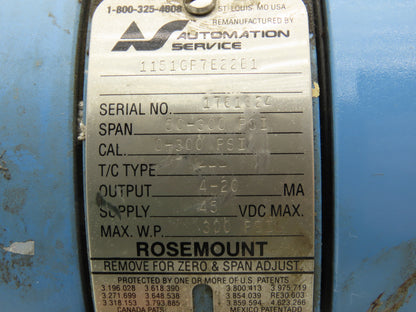 Rosemount M-618SCT316SS 1151GP7E22B1 Pressure Transmitter 45VDC 300 PSI & Valve