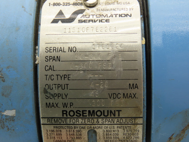 Rosemount M-618SCT316SS 1151GP7E22B1 Pressure Transmitter 45VDC 300 PSI & Valve