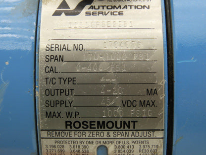 Rosemount M-618SCT316SS 1151GP8E22B1 Pressure Transmitter 45VDC 1000PSI & Valve