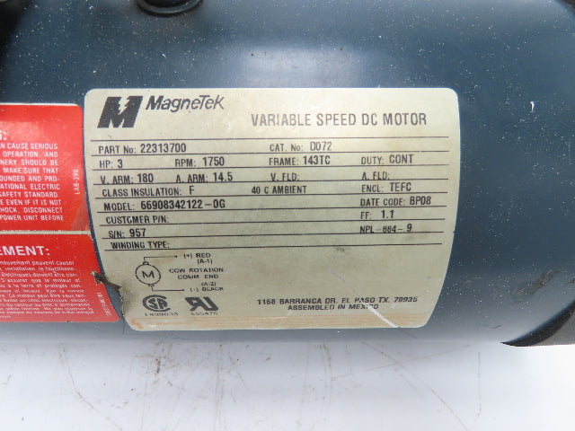 MagneTek Variable Speed DC Motor 3Hp 1750rpm 180VDC 143TC TEFC
