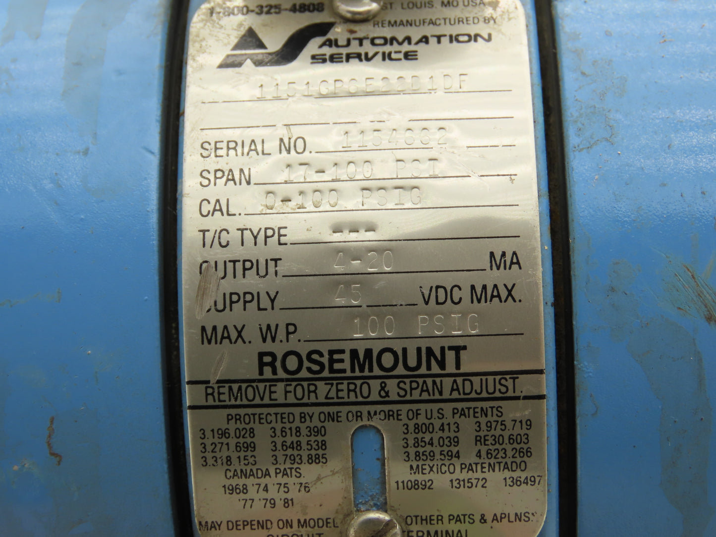 Rosemount M-618SCT316SS 1151GP6E22B1DF Pressure Transmitter 45VDC 100PSI & Valve