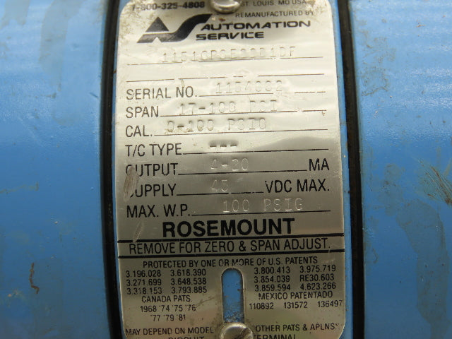 Rosemount M-618SCT316SS 1151GP6E22B1DF Pressure Transmitter 45VDC 100PSI & Valve