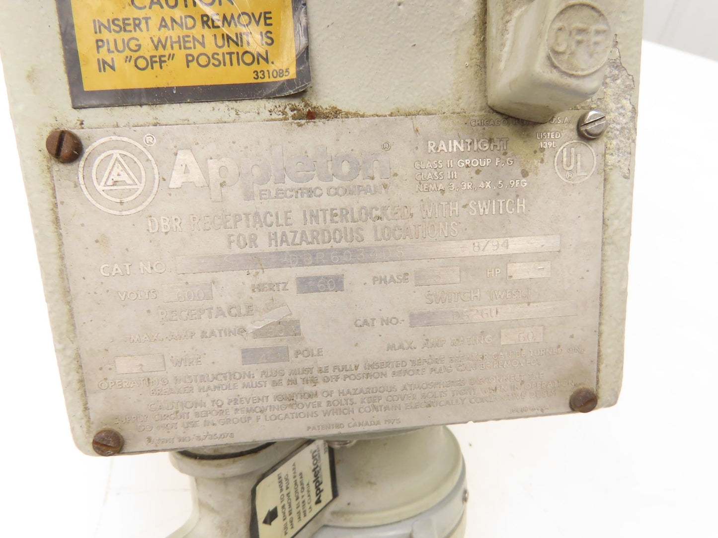 Appleton DBR Receptacle Enclosure For Circuit Breaker Hazardous Location