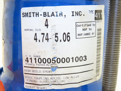 Smith Blair 411 Ductile Iron Pipe Coupler 4" Nominal 4.75-5.06" 4 Bolt