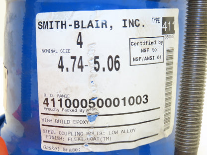 Smith Blair 411 Ductile Iron Pipe Coupler 4" Nominal 4.75-5.06" 4 Bolt