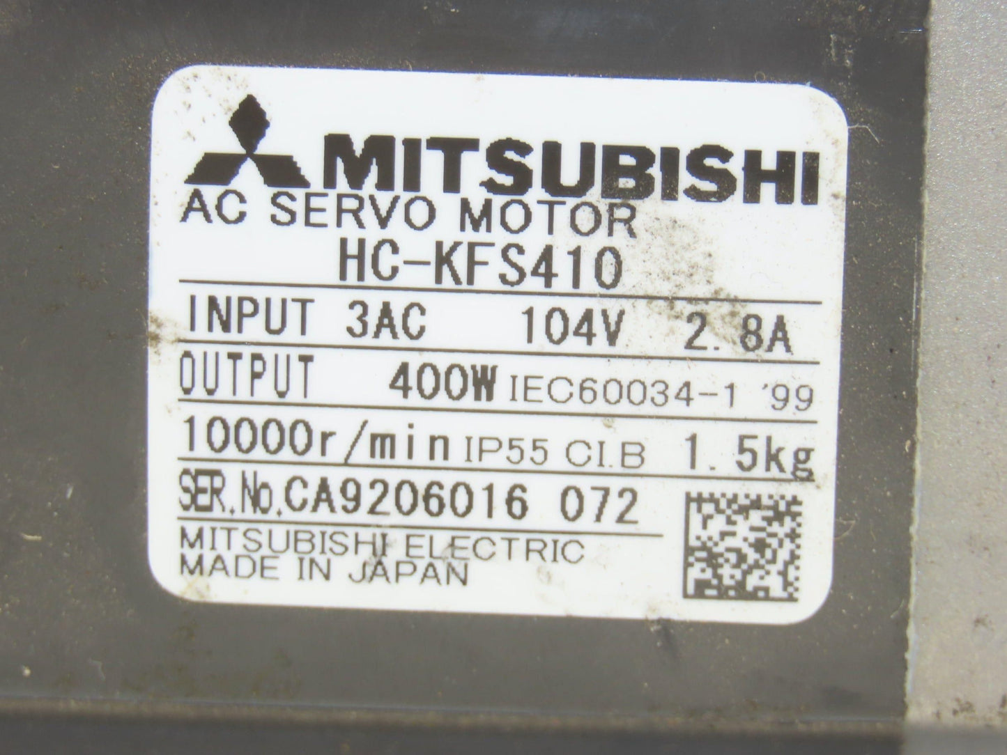 Mitsubishi HC-KFS410 AC Servo Motor 104V 3PH 400W 10000 RPM