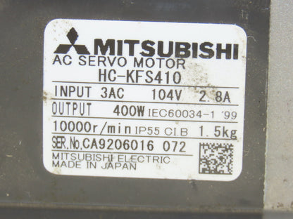 Mitsubishi HC-KFS410 AC Servo Motor 104V 3PH 400W 10000 RPM