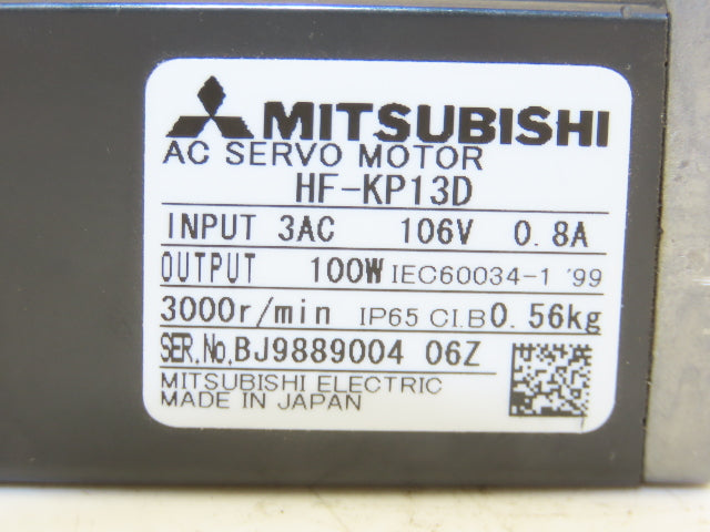 Mitsubishi HF-KP13D AC Servo Motor 106V 3PH 100W 3000 RPM