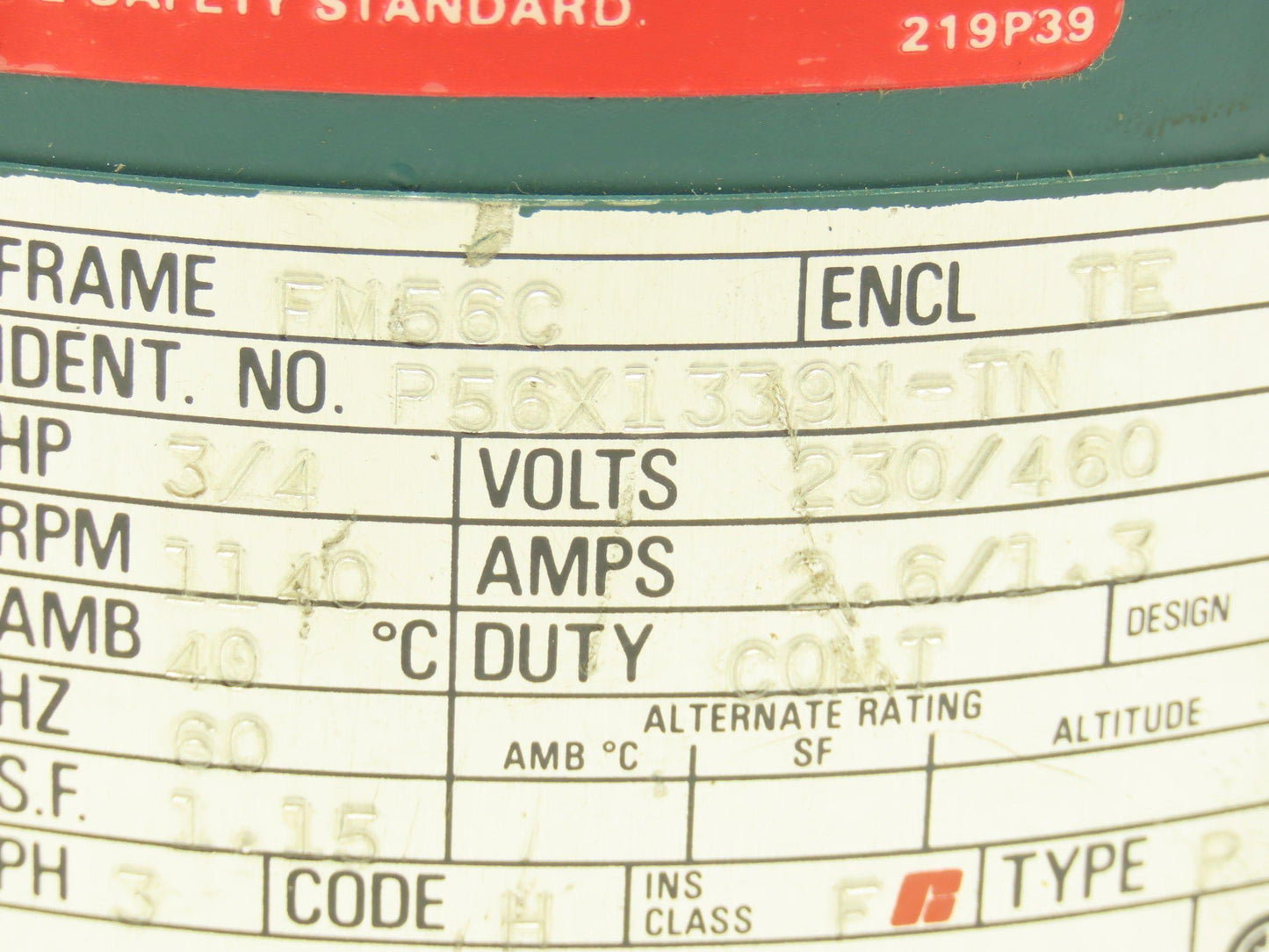 Reliance P56X1339N-TN AC Motor 3/4Hp 1140rpm 230/460v 3ph FM56C TE