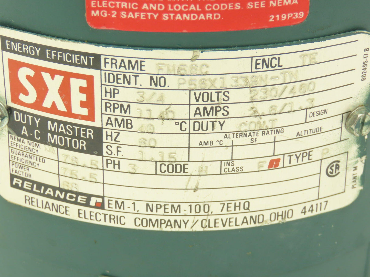 Reliance P56X1339N-TN AC Motor 3/4Hp 1140rpm 230/460v 3ph FM56C TE