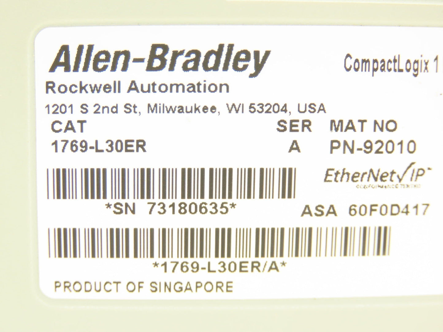 Allen Bradley 1769-L30ER CompactLogix Ethernet Controller 24V Ser A F/W 1.002