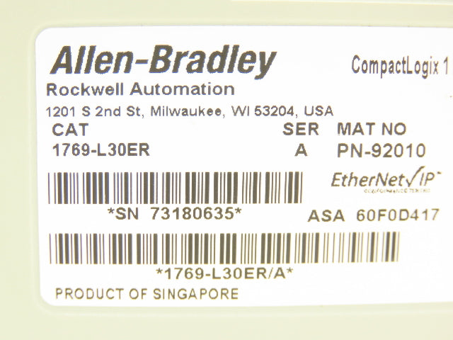 Allen Bradley 1769-L30ER CompactLogix Ethernet Controller 24V Ser A F/W 1.002