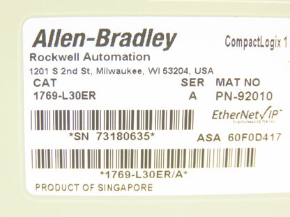 Allen Bradley 1769-L30ER CompactLogix Ethernet Controller 24V Ser A F/W 1.002