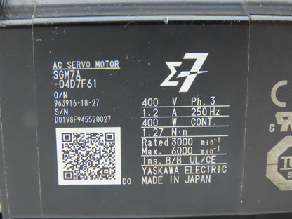 Yaskawa SGM7A-04D7F61 Servo Motor 400W 3000rpm 400V 3Ph 1.2A 1.27Nm 250Hz