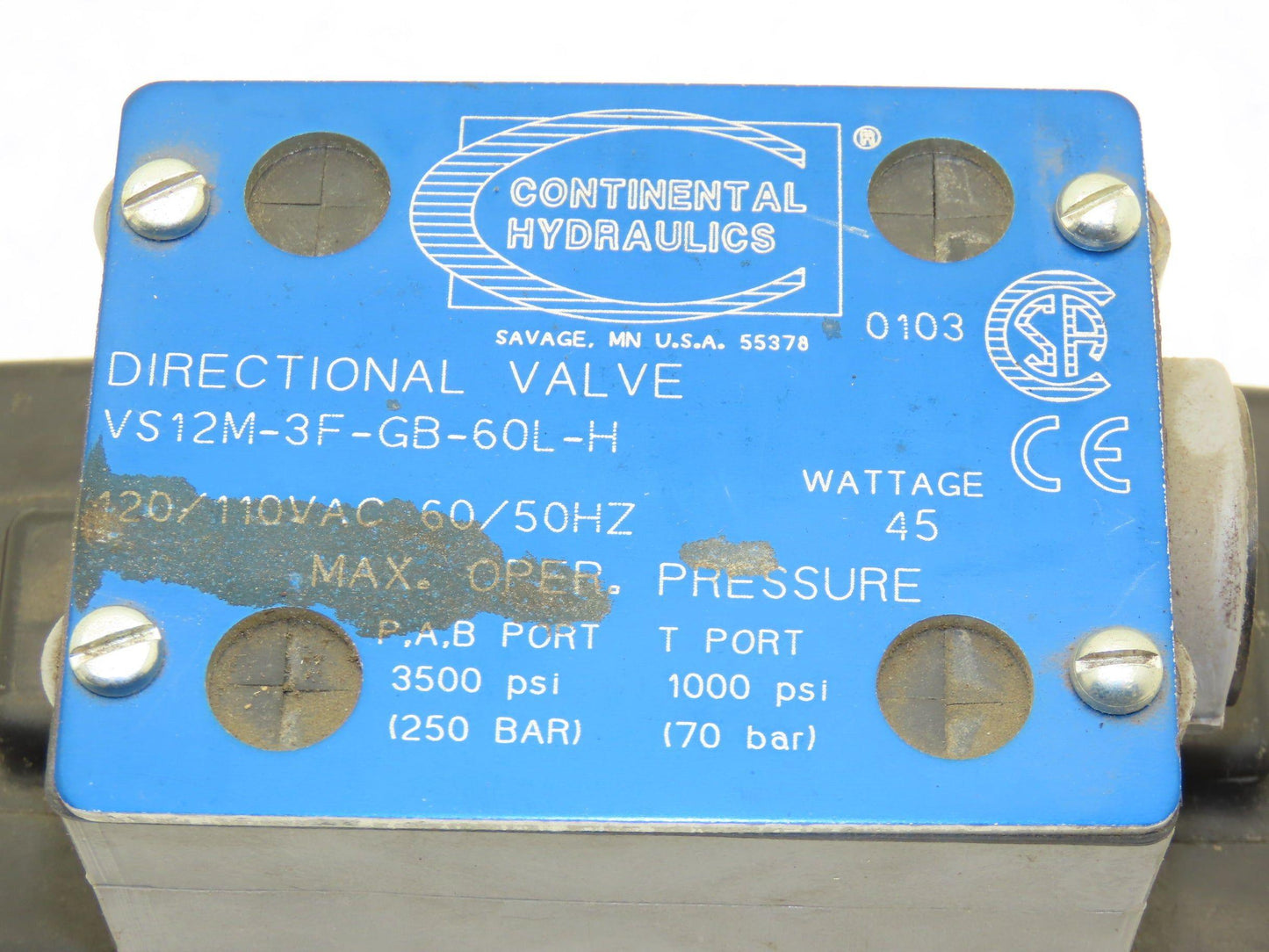 Continental Hydraulics VS12M-3F-GB-60L-H Directional Valve D05 Size 120V 3500psi