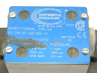 Continental Hydraulics VS12M-3F-GB-60L-H Directional Valve D05 Size 120V 3500psi