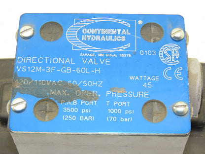 Continental Hydraulics VS12M-3F-GB-60L-H Directional Valve D05 Size 120V 3500psi