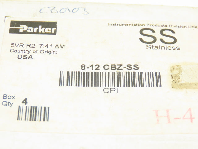 Parker 8-12 CBZ-SS Stainless Steel Single Ferrule Compression Tube NPT Lot of 8