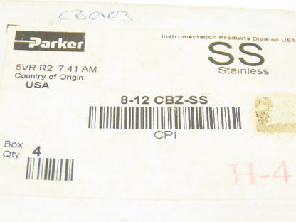 Parker 8-12 CBZ-SS Stainless Steel Single Ferrule Compression Tube NPT Lot of 8