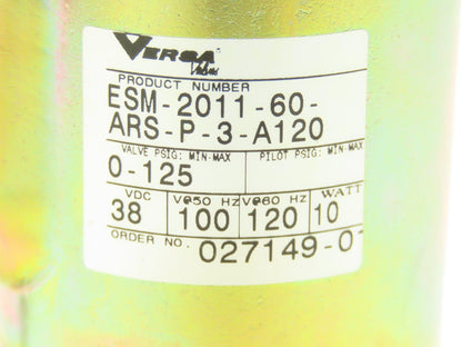 Versa ESM201160ARSP3A120 Pneumatic Directional Two-Way Valve 38vdc 0-125psig