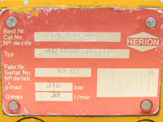 Herion MR10RG5001100 Hydraulic 2-Way Flow Control Valve Size 10 Roller Actuated
