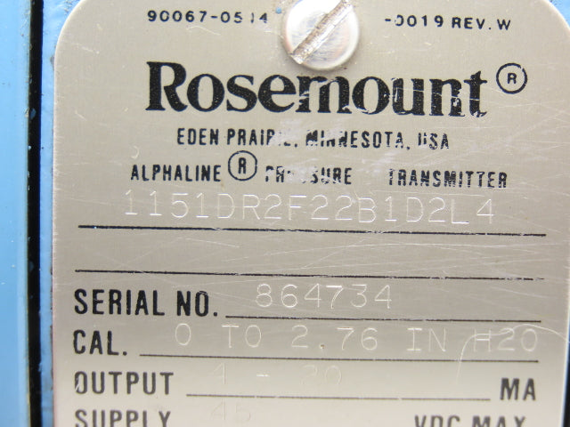 Rosemount 1151DR2F22B1D2L4 Electronic Pressure Transmitter 45VDC 1000PSI Haz Loc