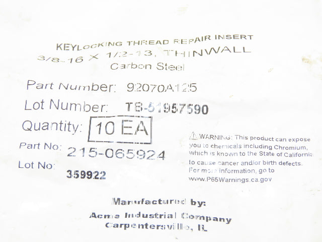 Acme 215-065924 Keylocking Thread Repair Insert 1/2"-13 Out 3/8"-16 In Lot of 10