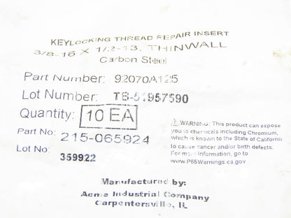 Acme 215-065924 Keylocking Thread Repair Insert 1/2"-13 Out 3/8"-16 In Lot of 10