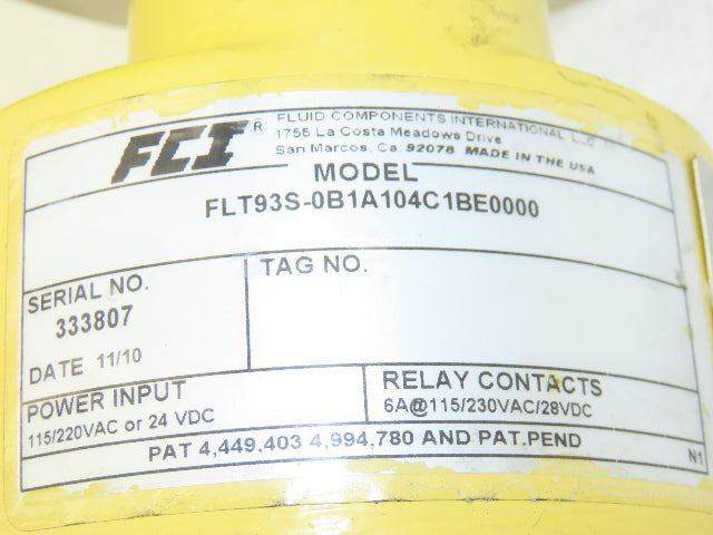 Fluid Components International FLT93S-0B1A104C1BE0000 Flow Switch AC or DC