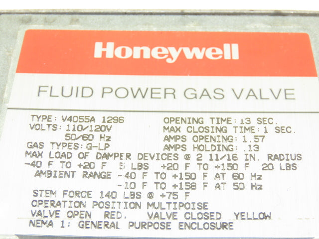 Honeywell V4055A 1296 Fluid Power Gas Valve On/Off Actuator 120V