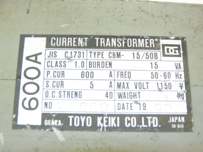 Toyo Keiki CBM-15/50B Current Transformer 600A 5A Class 1.0 JIS C1731 15VA