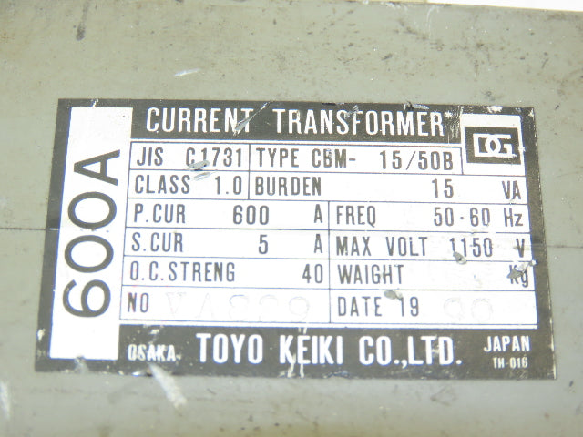 Toyo Keiki CBM-15/50B Current Transformer 600A 5A Class 1.0 JIS C1731 15VA