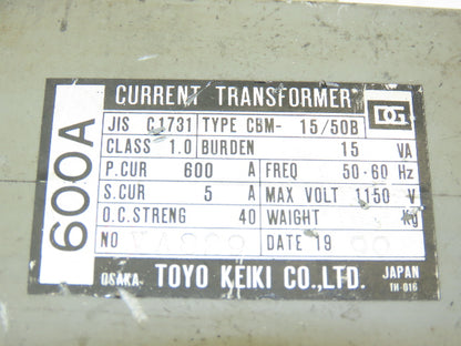 Toyo Keiki CBM-15/50B Current Transformer 600A 5A Class 1.0 JIS C1731 15VA