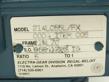 Electra Grove Gear 21ALC55L/FX Worm Gearbox 5:1 Reducer 350rpm 56C LH 21ALZC