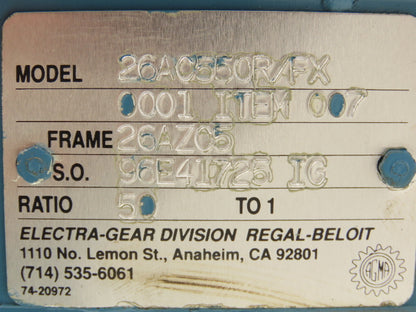 Electra Grove Gear 26AC550R/FX Worm Gearbox 50:1 Reducer 35rpm 56C RH 26AZC5