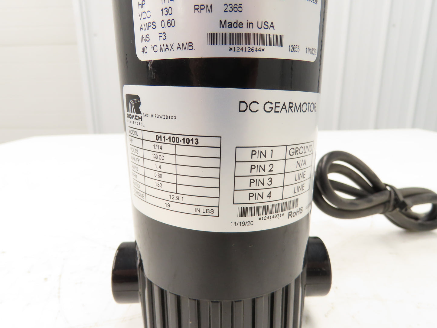 Roach 011-100-1013 DC Gearmotor 12.9:1 Reducer 183 RPM 1/14Hp 130VDC