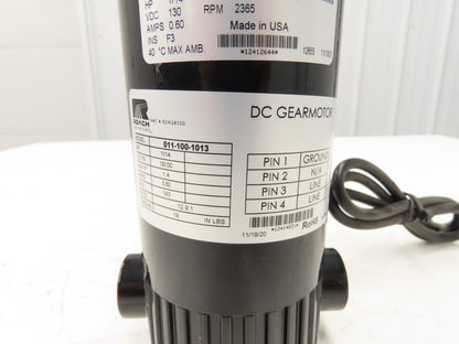 Roach 011-100-1013 DC Gearmotor 12.9:1 Reducer 183 RPM 1/14Hp 130VDC