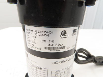 Roach 011-100-1013 DC Gearmotor 12.9:1 Reducer 183 RPM 1/14Hp 130VDC