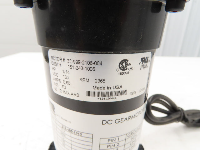 Roach 011-100-1013 DC Gearmotor 12.9:1 Reducer 183 RPM 1/14Hp 130VDC