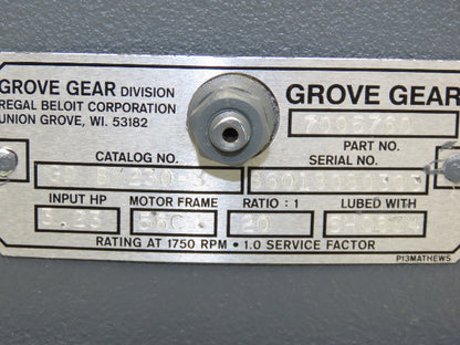 Grove Gear GD BM230-3 Worm Gearbox 20:1 Reducer 3.2Hp 88rpm 56C/140TC RH Output