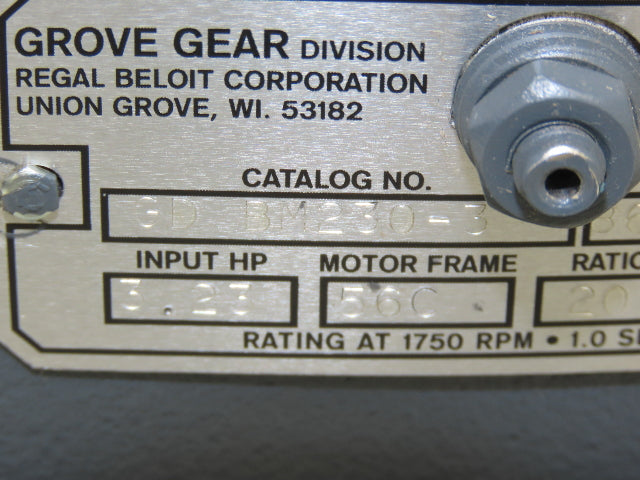Grove Gear GD BM230-3 Worm Gearbox 20:1 Reducer 3.2Hp 88rpm 56C/140TC RH Output