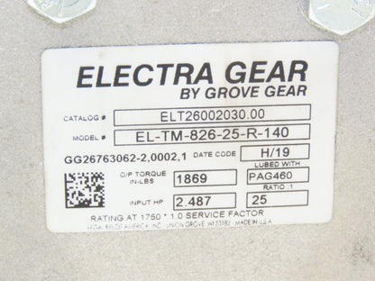 Electra Grove Gear EL-TM-826-25-R-140 Gearbox 25:1 Reducer 2.5Hp 70rpm 140TC RH