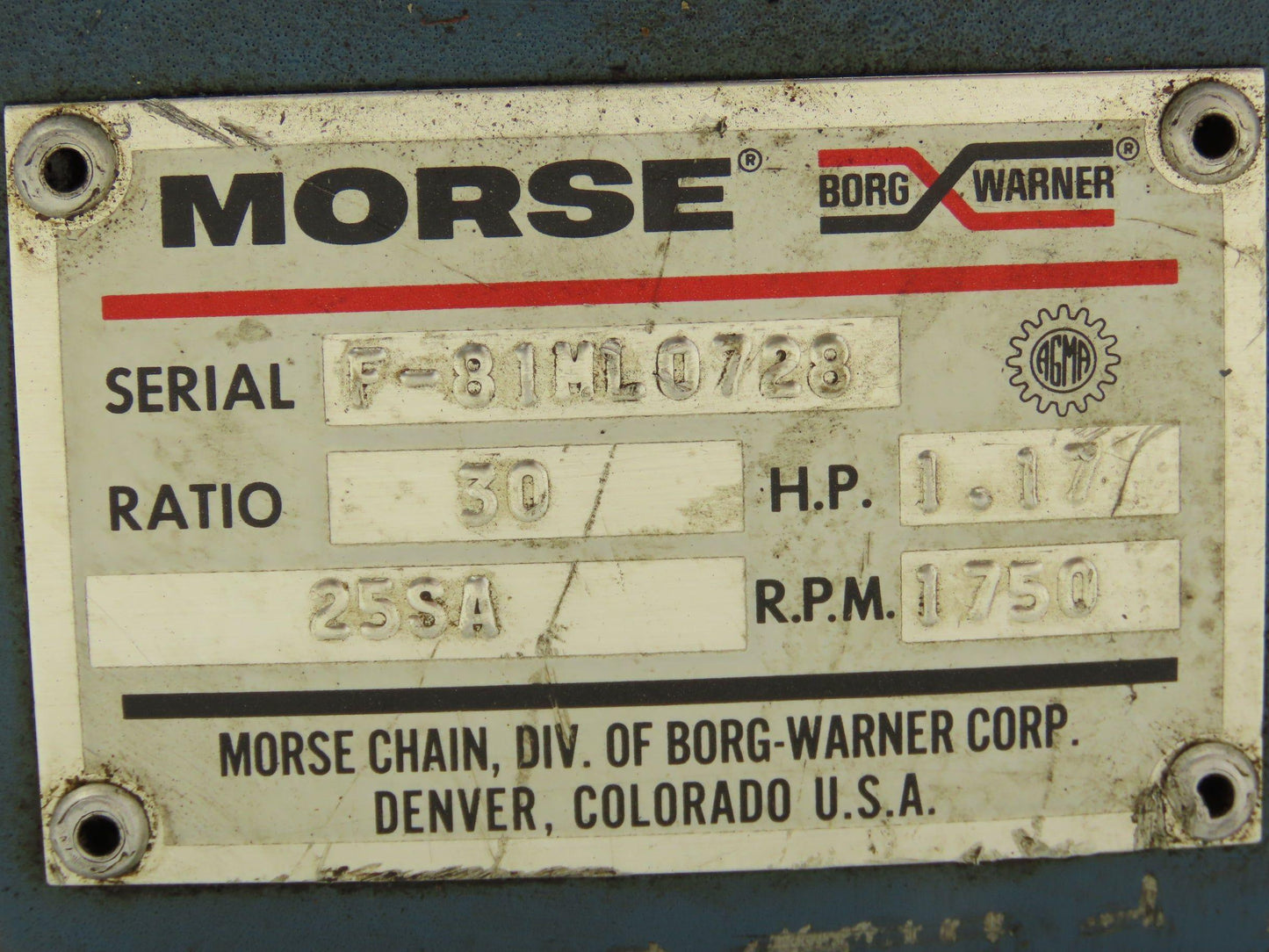 Morse 25SA Shaft Mounted Gearbox 30:1 Reducer 1.17Hp Output 58 RPM 1-1/4" Bore