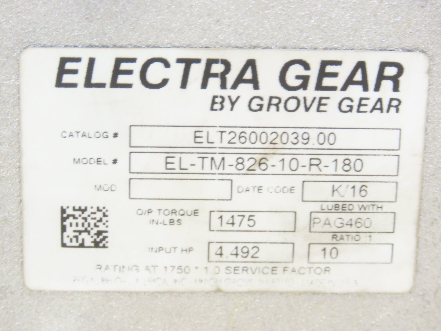 Electra Grove Gear EL-TM-826-10-R-180 Gearbox 10:1 Reducer 4.5Hp 175rpm 180TC RH